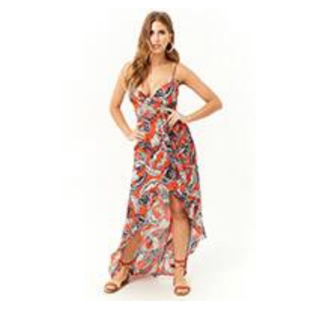 Tropical Leaf Print High Low Dress
